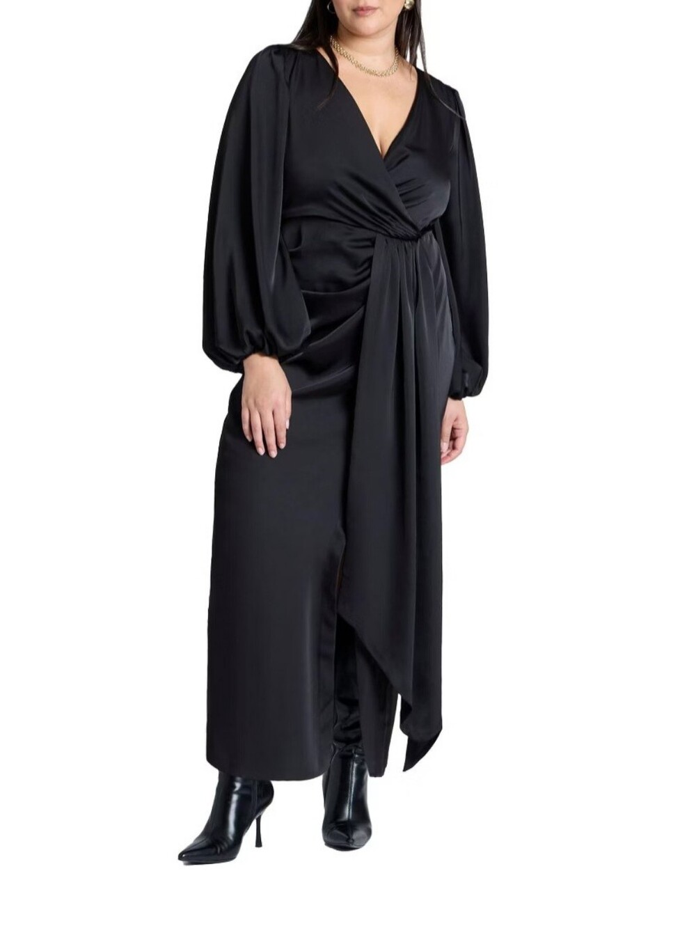 ELOQUII | Pleated Satin Puff-Sleeve Black Maxi Dress